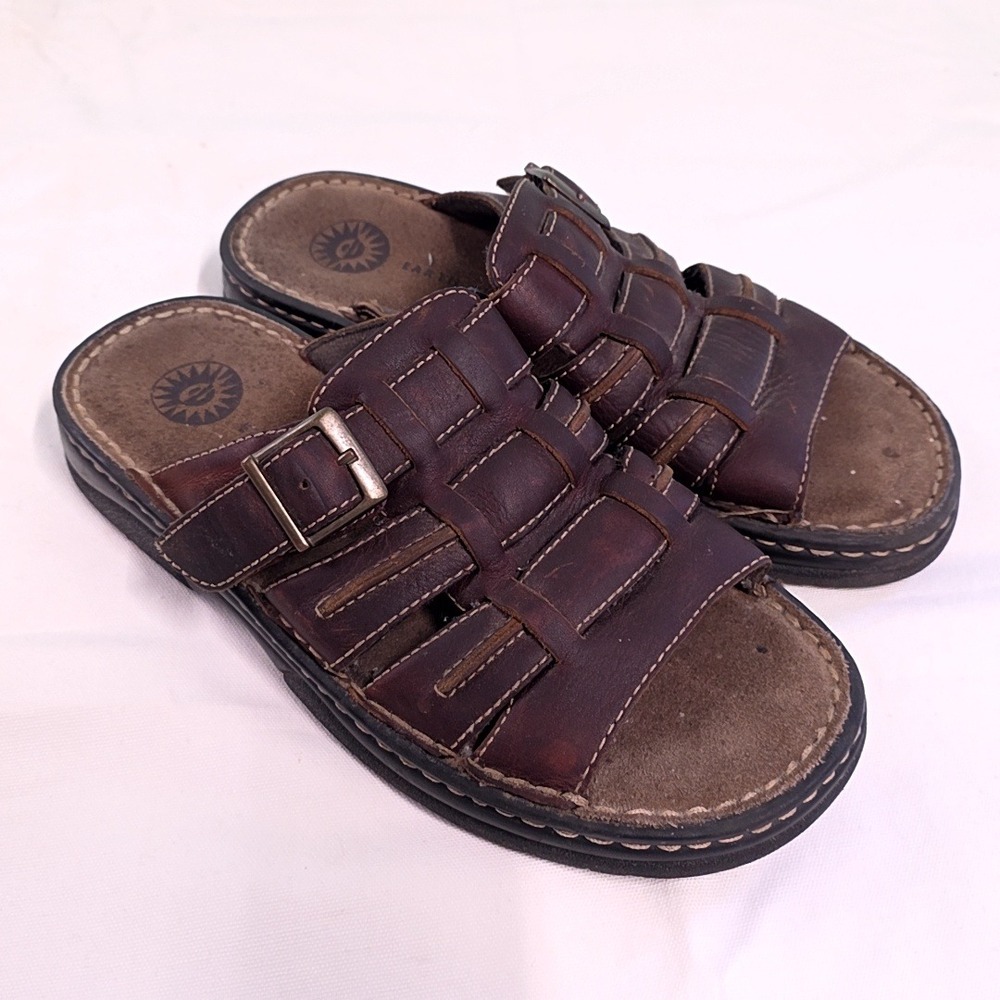 Earth Shoe Edward Slide Fisherman Sandals Mens 7.5 Brown Leather Woven Buckle